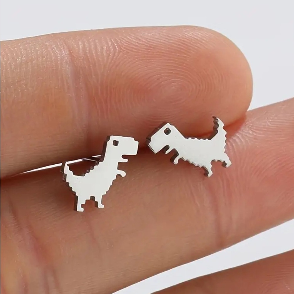 Silver Stainless Steel Pixel Dinosaur Stud Earrings - Picture 1 of 2